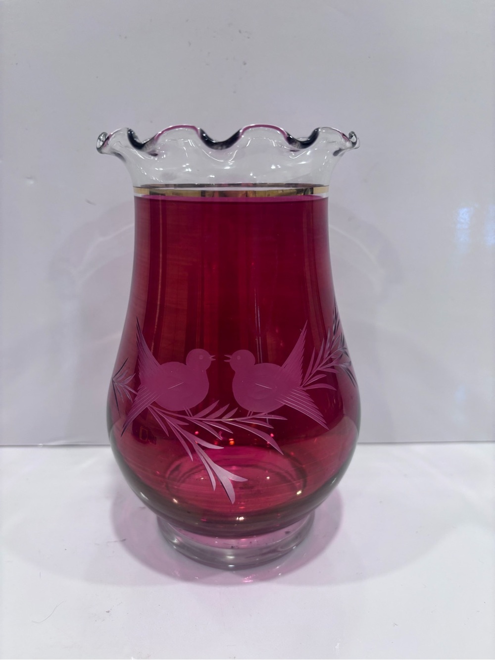 Vintage handcrafted Canadian cranberry glass vase etched birds ruffled rim gold